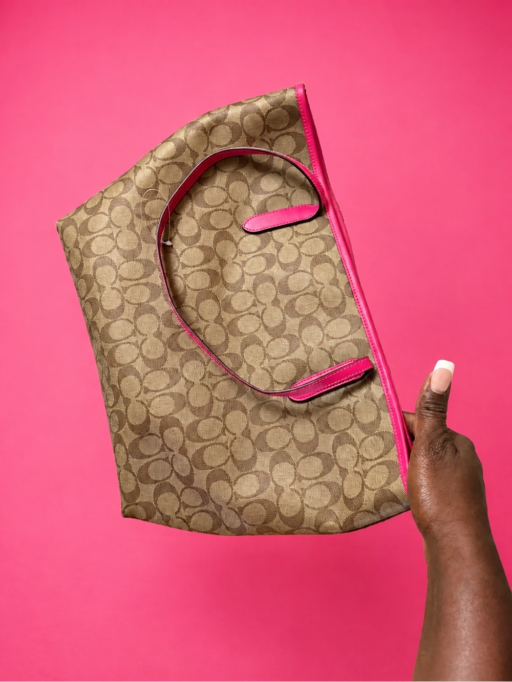 Brown Signature-Print Tote with Pink Trim